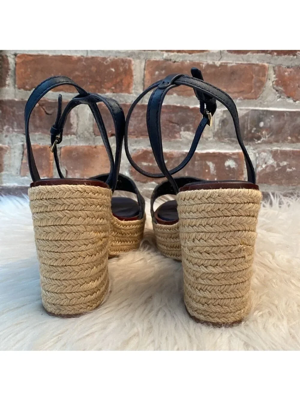 Tory Burch Roselle Navy Laser Cut Leather Platform Espadrille Sandals, Size 10.5